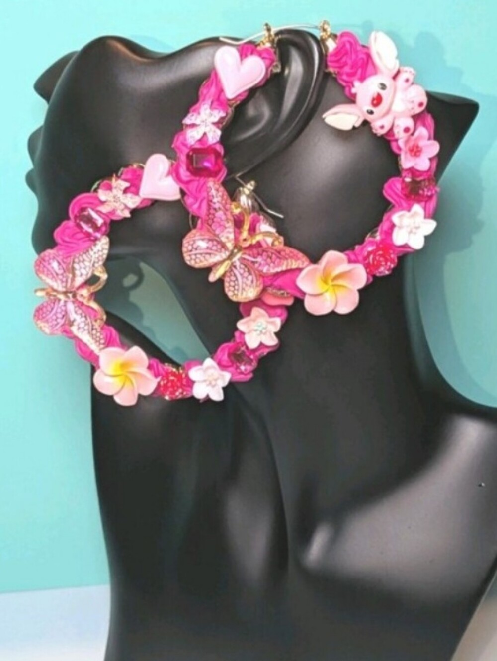 Hand Crafted Hot Pink Floral & Butterfly Hoop Earrings